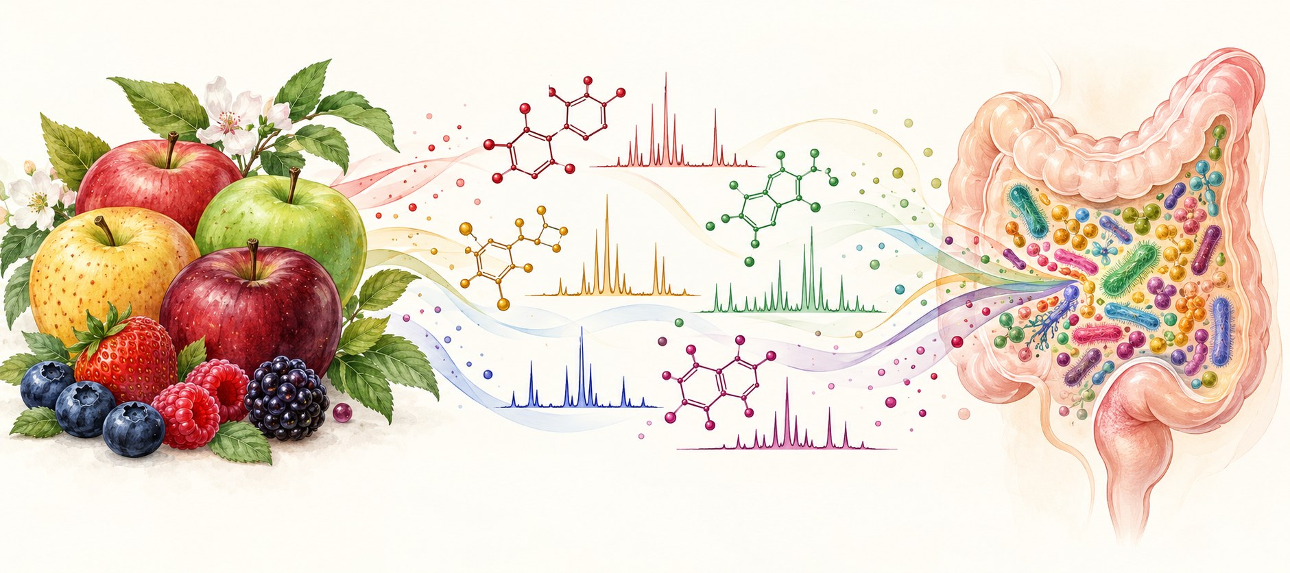 Illustration of fruit, chemical structures, and a gut microbiome